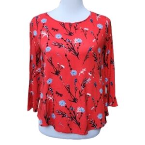 Tom Tailor Red Floral Print Blouse 3/4 Sleeves Criss-Cross Back